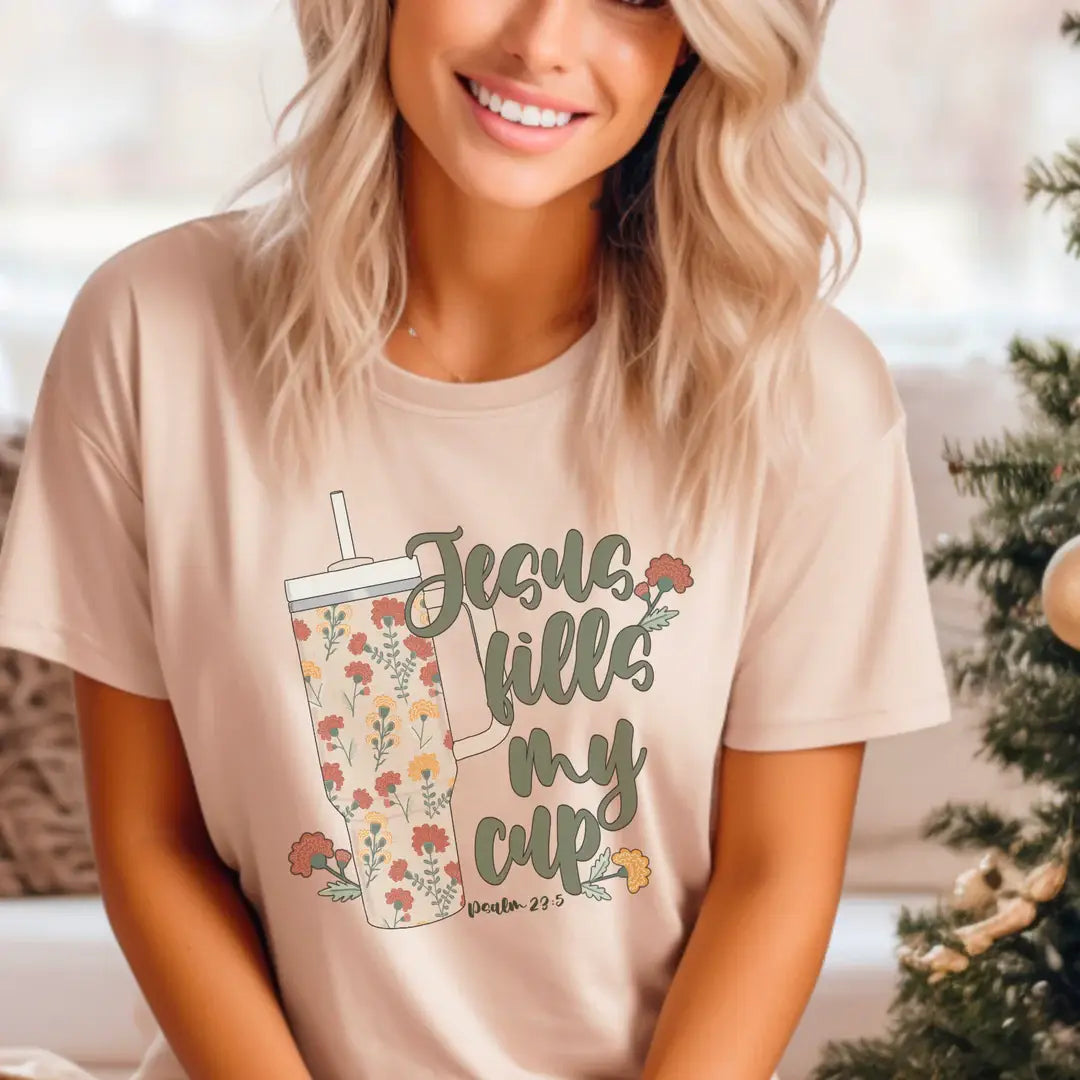 Jesus Fills My Cup Gildan Graphic Tee - Sand
