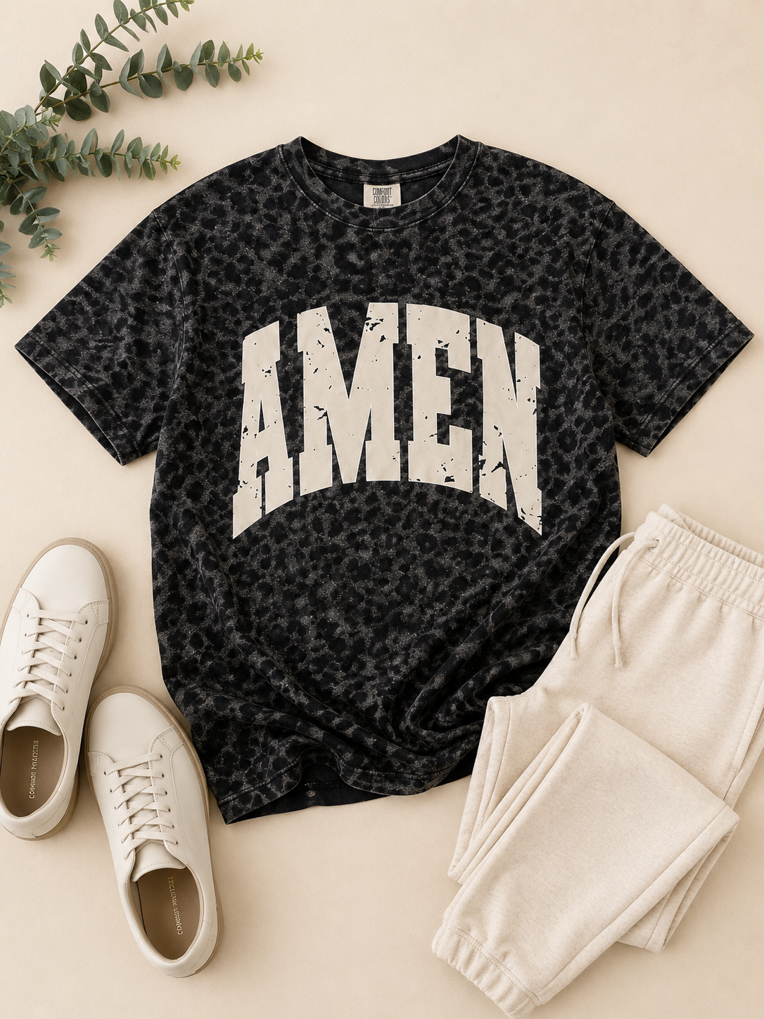 Distressed Amen Faith Graphic Tee - Black Leopard