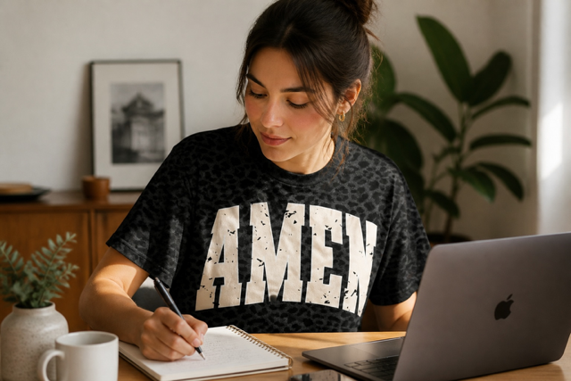 Distressed Amen Faith Graphic Tee - Black Leopard