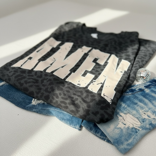 Distressed Amen Faith Graphic Tee - Black Leopard
