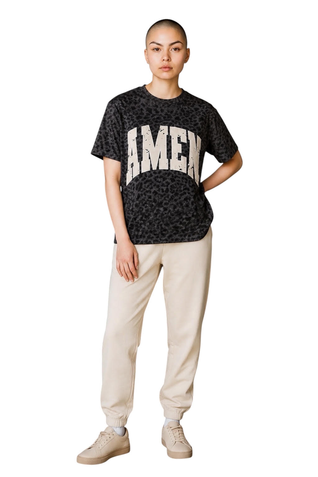 Distressed Amen Faith Graphic Tee - Black Leopard